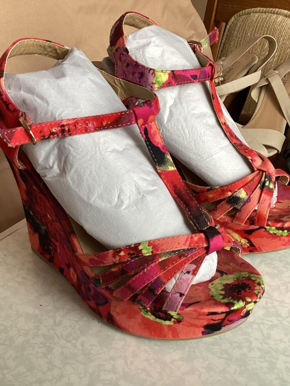 Call It Spring Floral Platform Wedge T-Strap Sandals.